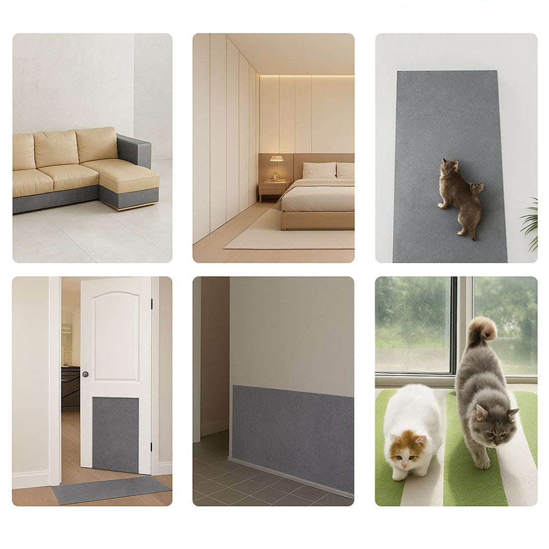Collage of various interior design elements including a sofa, bedroom, and cat scracthing mat