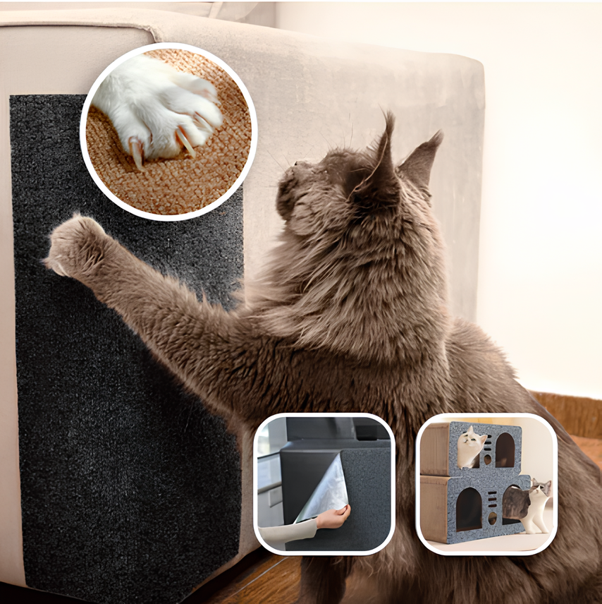 cat using self-adhesive cat scratch mat on sofa