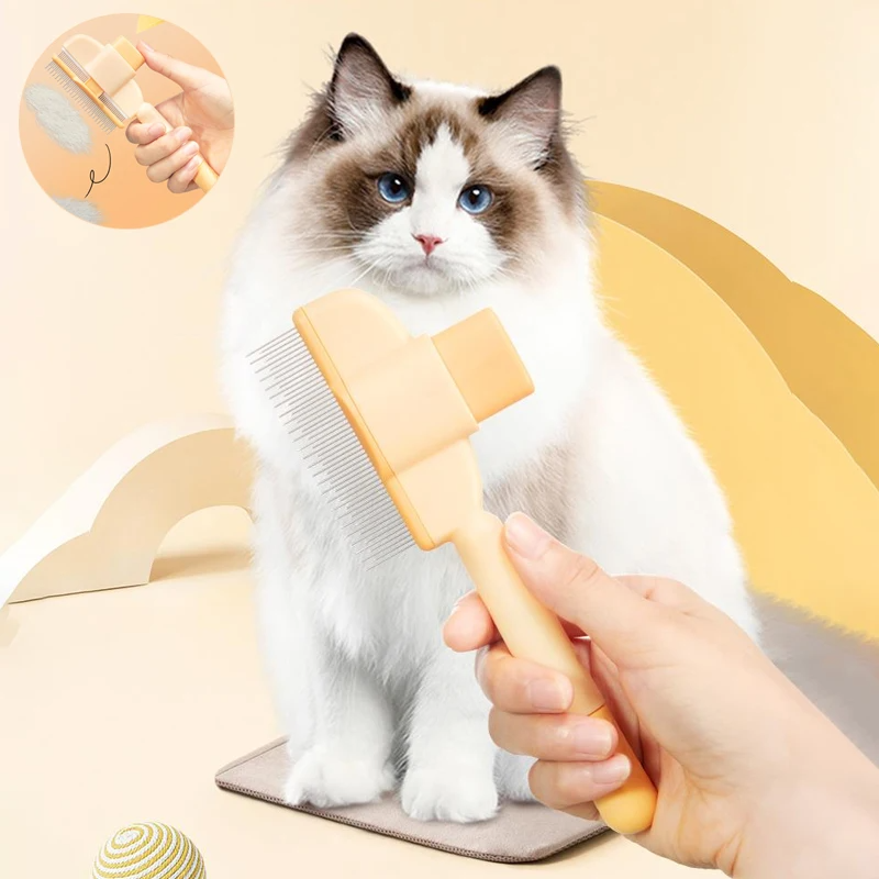 Cat being groomed with a brush by a hand on a beige background