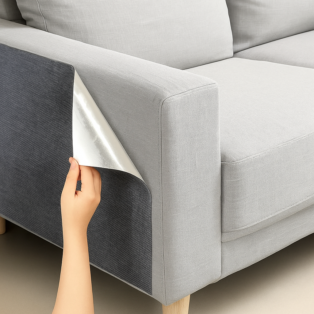 Gray sofa with a hand applying a grey self adhesive mat to the corner.