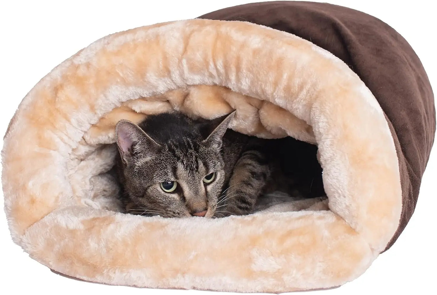Cat peeking out from a plush, brown and beige pet cave on a white background