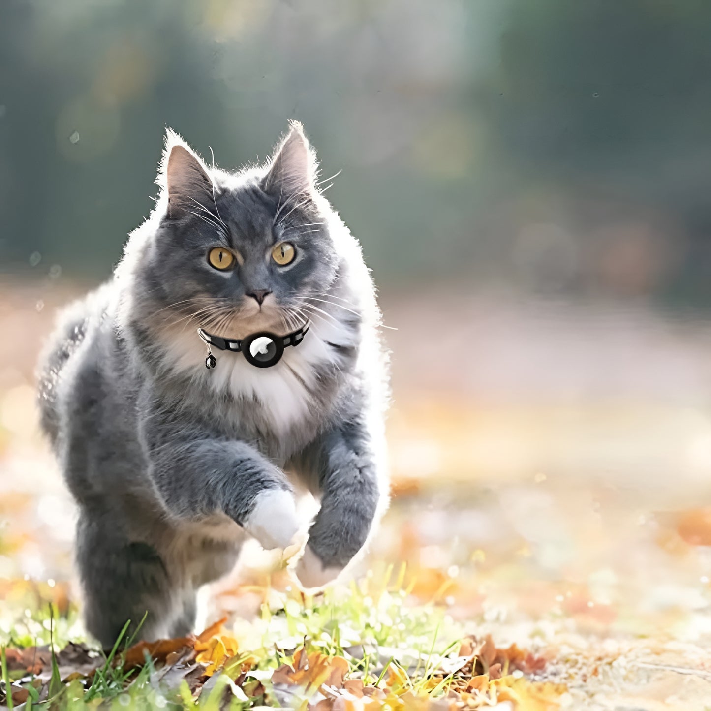 Gray cat running outdoors on a path with blurred greenery in the background