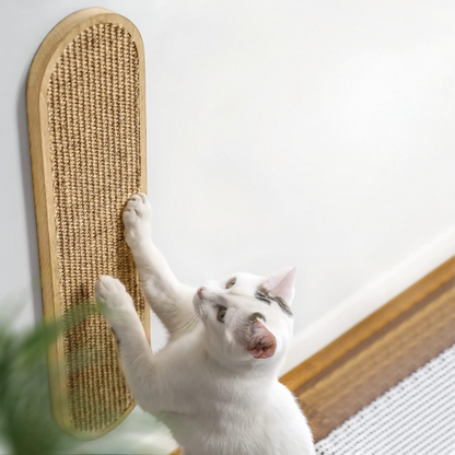 Cat playing with a sisal-wrapped cat scratcher on a white wall.
