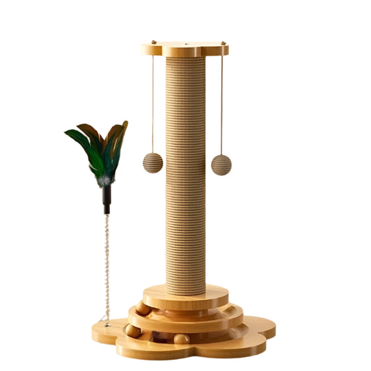 Wooden cat turntable with feather toy and balls on a tiled floor.