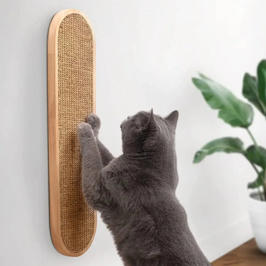 Cat using a wall-mounted scratching pad with a plant in the background