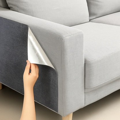 Gray sofa with a hand applying a grey self adhesive mat to the corner.